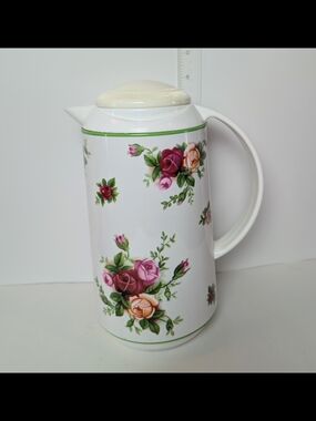 Royal Doulton White Floral Thermal Coffee Pot with Pink and Yellow Roses